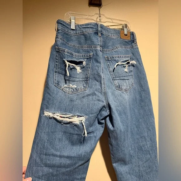 NWT American Eagle Mom Straight Jean Blue Denim plaid patchwork size 8 reg - Picture 7 of 12